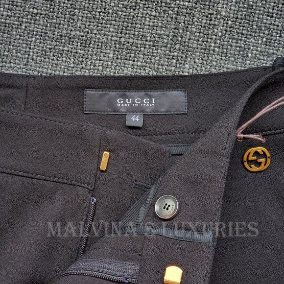 GUCCI PANTS BLACK STRETCH WOOL TROUSERS w LOGO DETAIL sz IT 44 US 8 - Picture 7 of 13